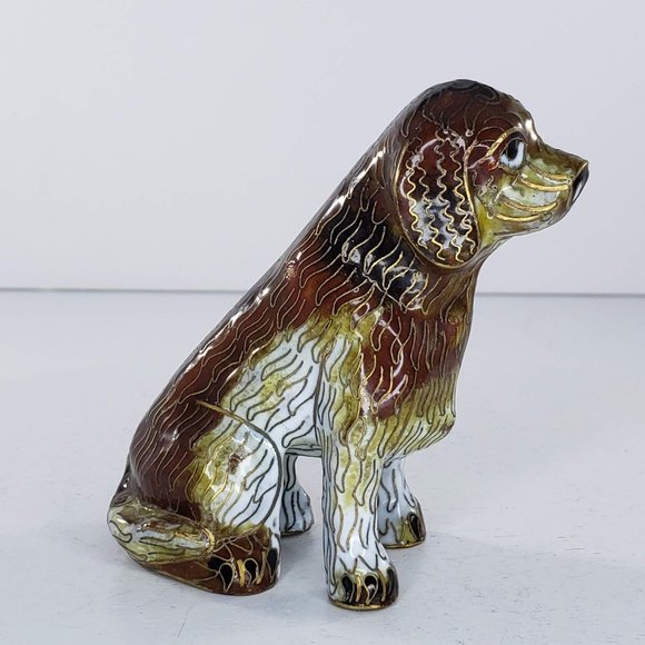 Vintage Chinese Cloisonne Spaniel Dog Sitting Brass Enamel Figurine